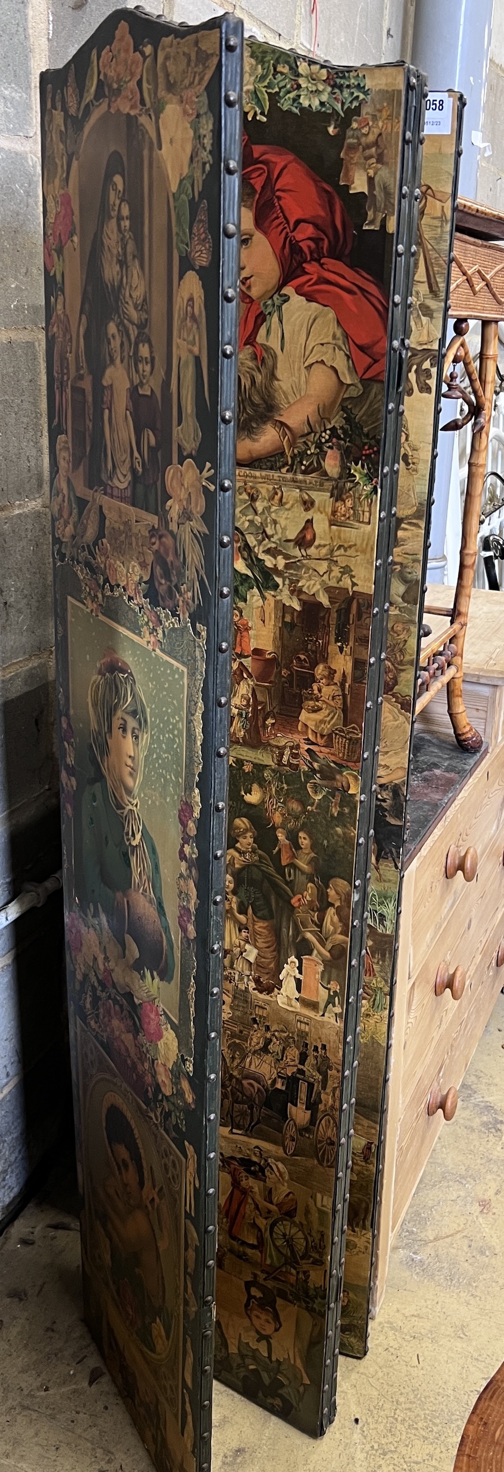 A Victorian four fold scrap work dressing screen, height 168cm
